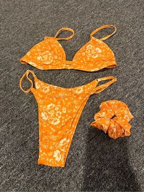 Orange Floral Triangle Bikini Set with Scrunchie
